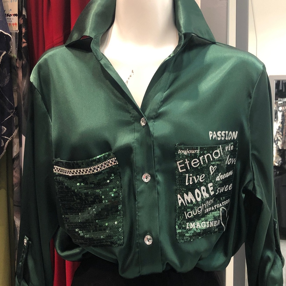 Frank Lyman Design Emerald Satin Sequin Shirt